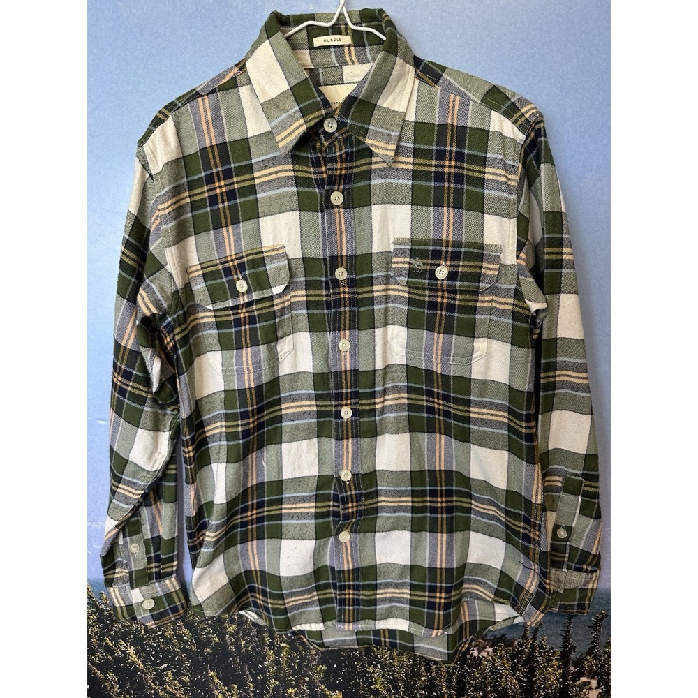 Abercrombie and Fitch Mens Plaid Flannel Button Up Shirt Muscle Fit‎ Large Green